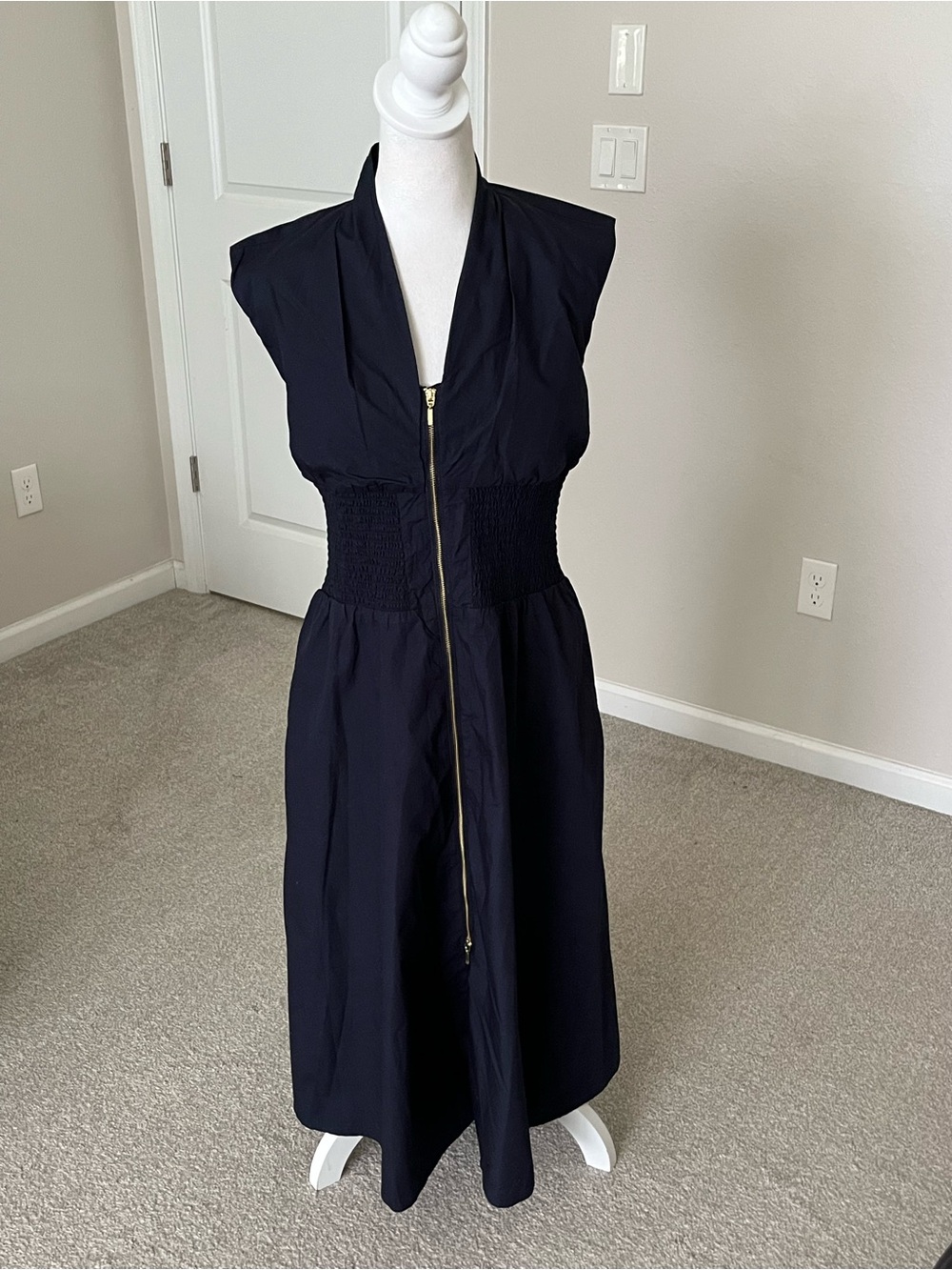 NWT Quince 100% Organic Cotton Poplin Sleeveless Zip Midi Dress-Navy Size Small